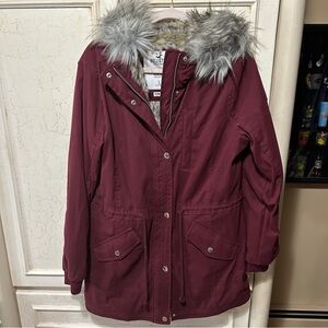 Hollister Women's Burgundy Parka with Faux Fur Hood